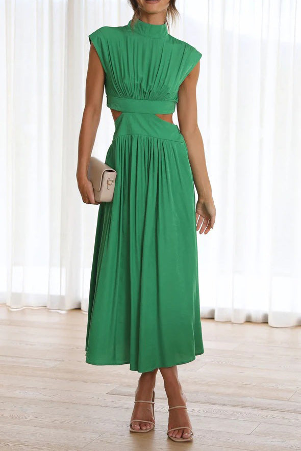 Mock Neck Cut Out Pleated Maxi Dress