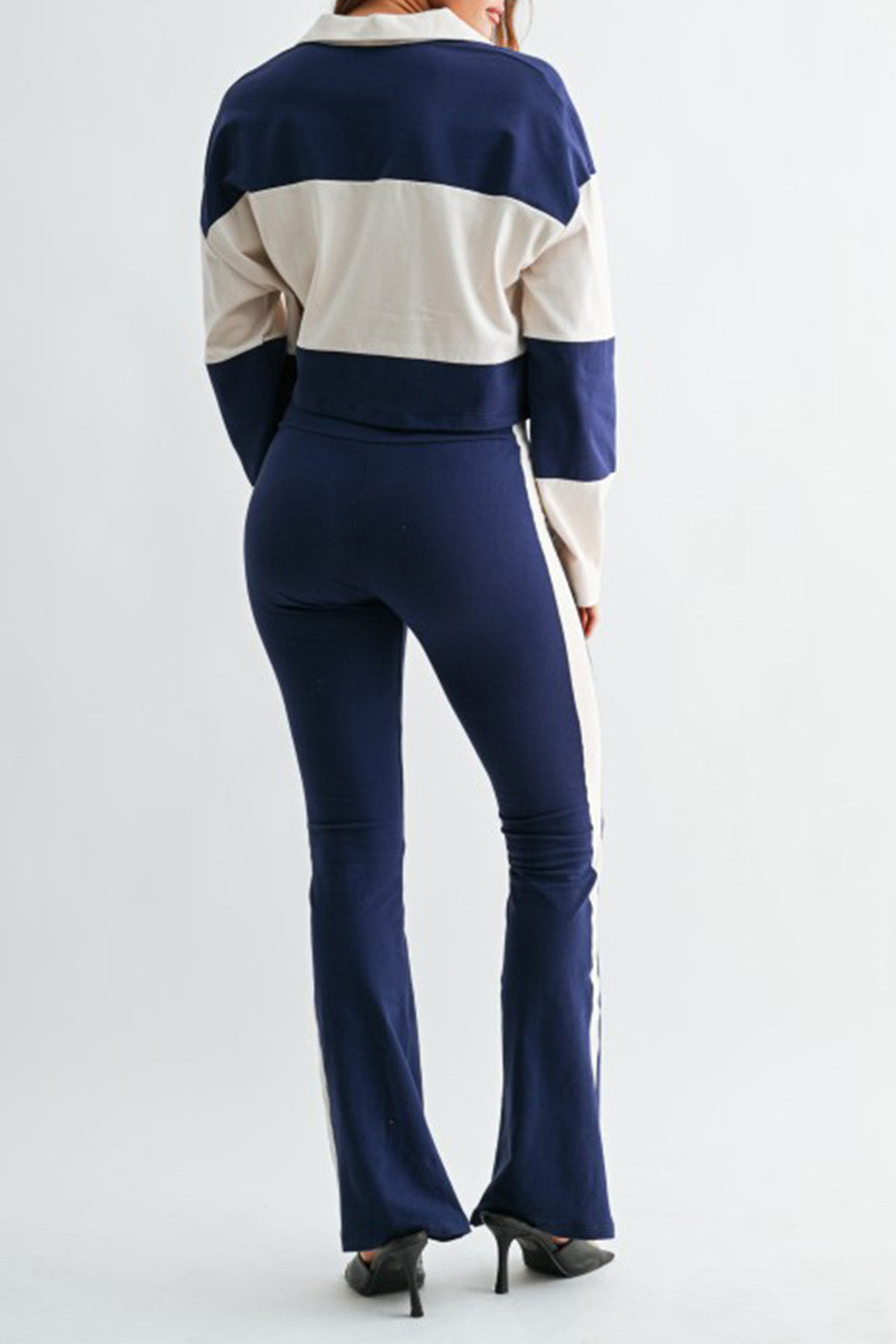 Colorblock Polo Top & Flare Pants Set