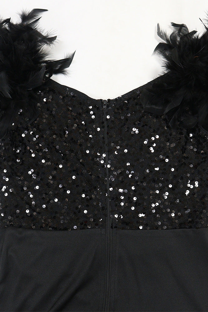 Sequin Feather Trim Slit Maxi Dress