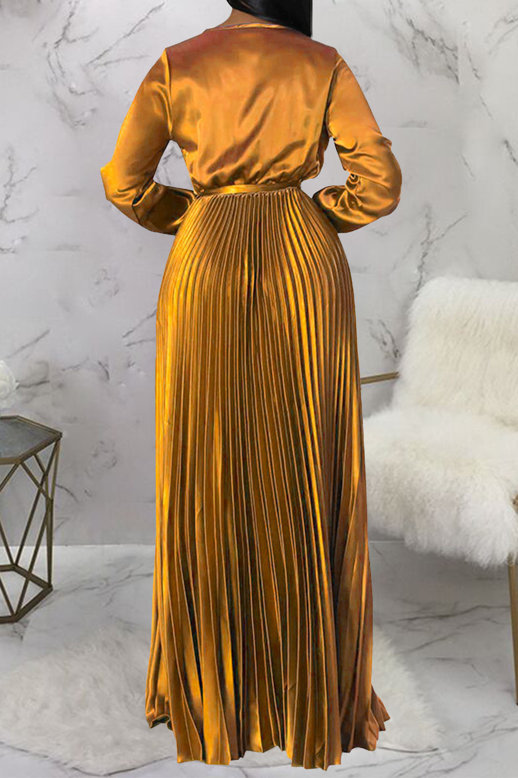 Faux Silk Pleated Tie-Waist Maxi Dress