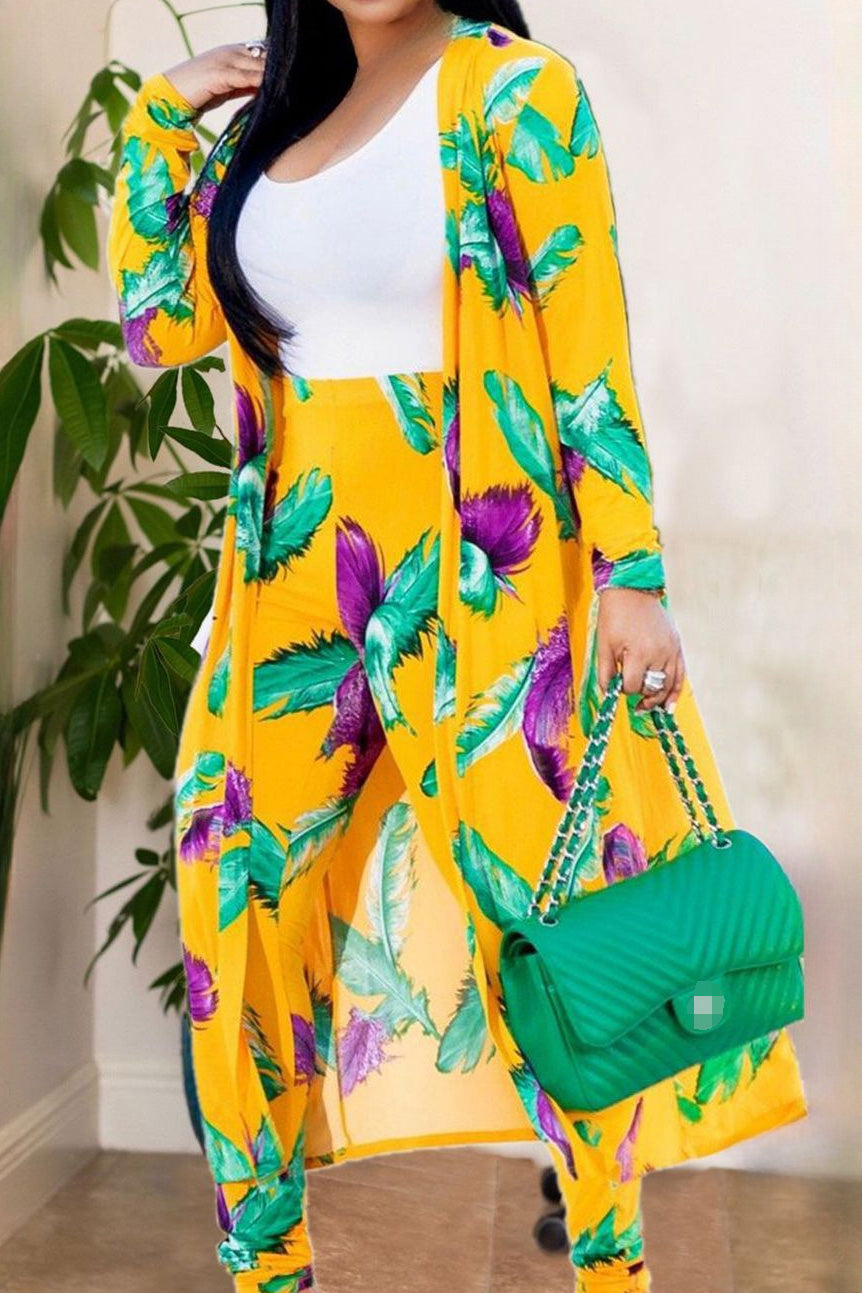 Printed Pants with Long Cardigan Set