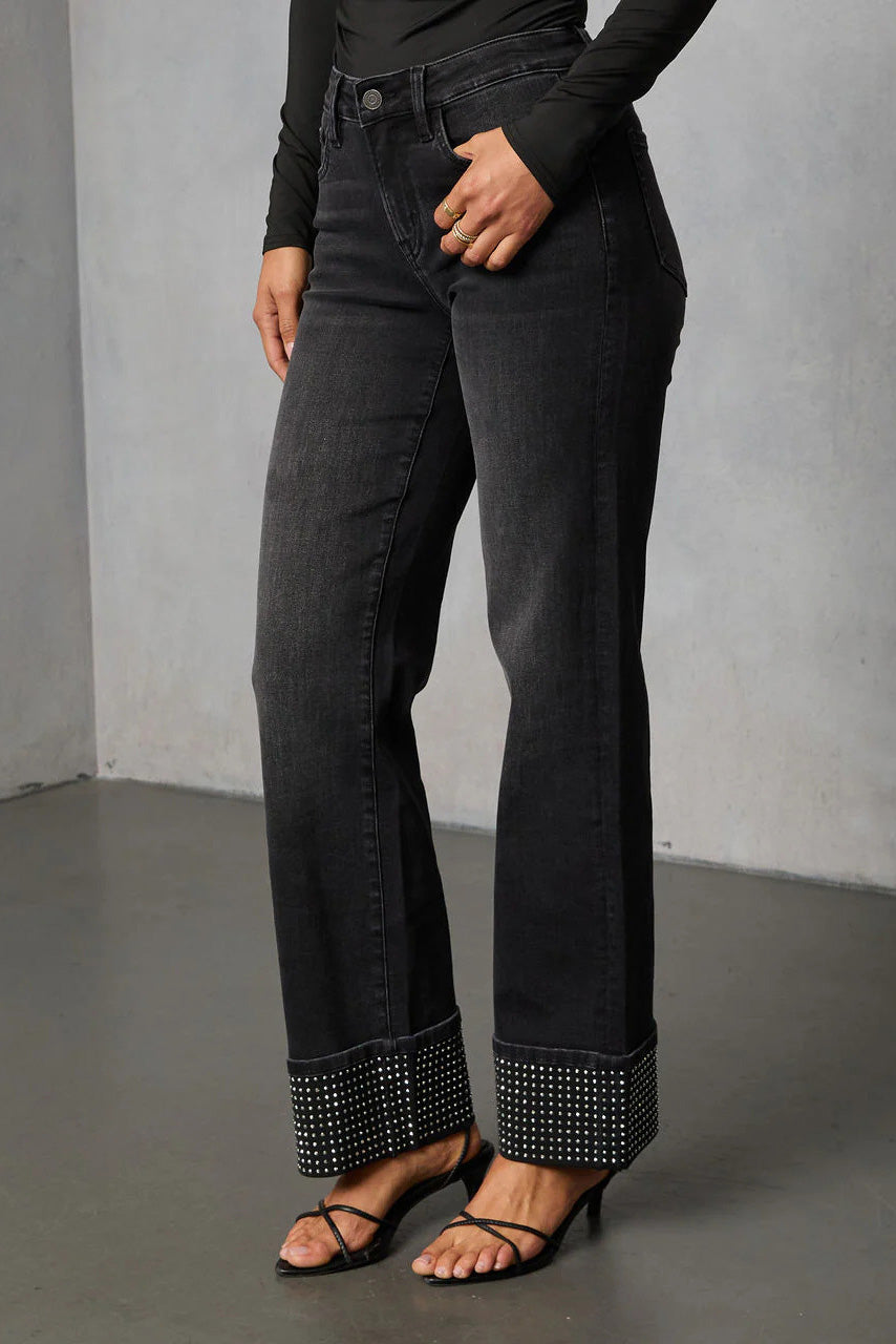 Washed Rhinestone Straight Leg Jeans