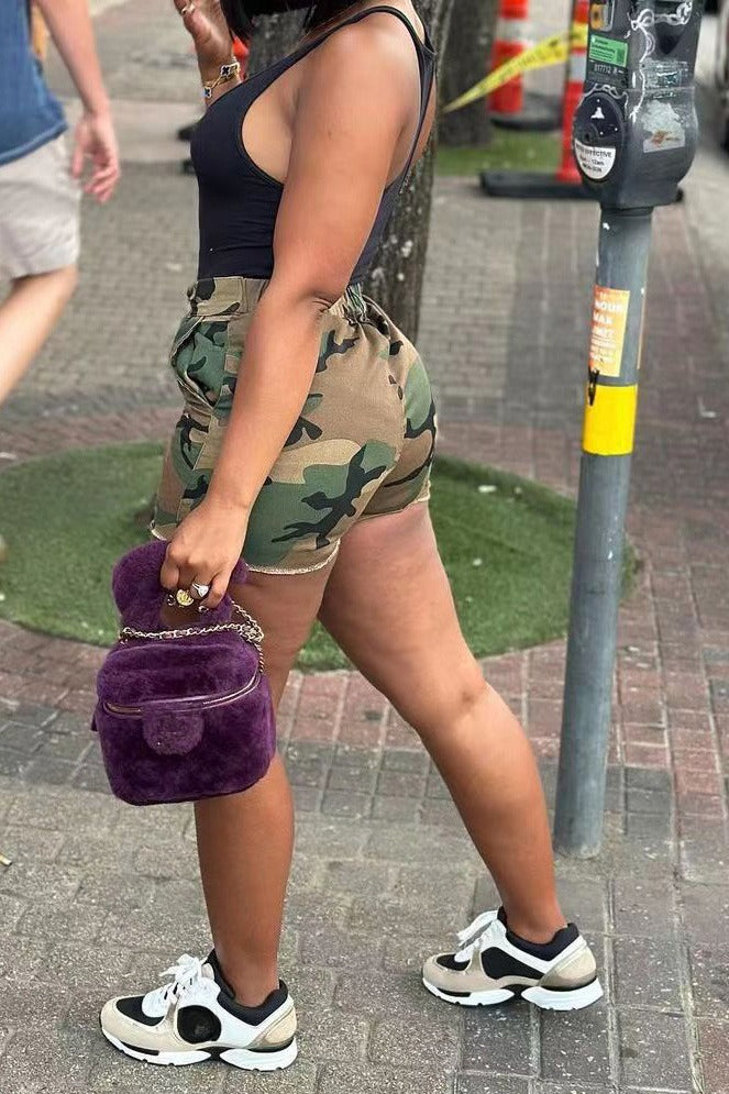 Camo High Waist Raw Hem Cutoff Shorts