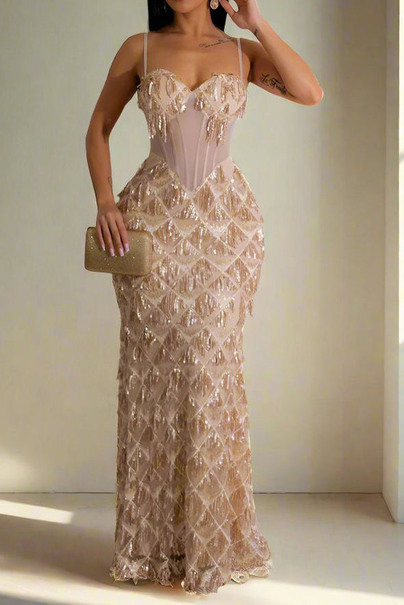 Cami Corset Sequin Fringe Gowns Maxi Dresses