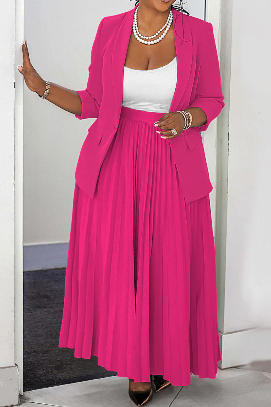 Plus Size Blazer & Pleated Skirt Set