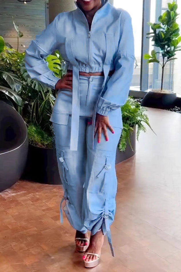 Long Sleeve Crop Jacket Pocket Cargo Pants Set
