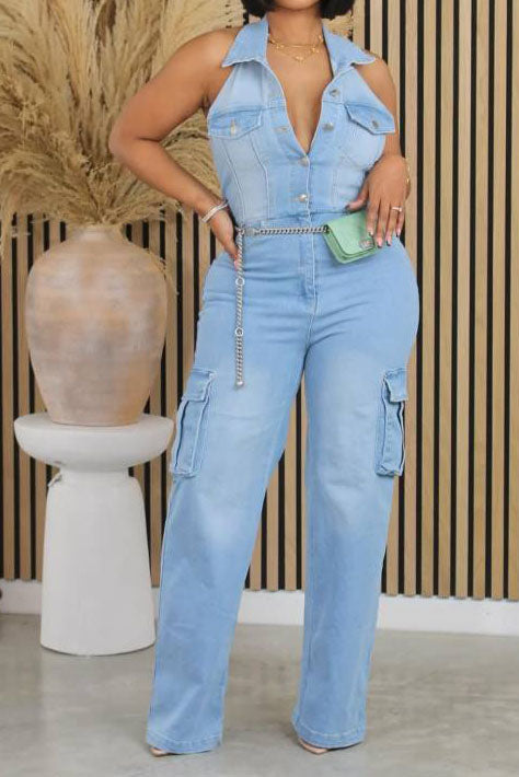 Multi Pocket Denim Halter Backless Jumpsuits