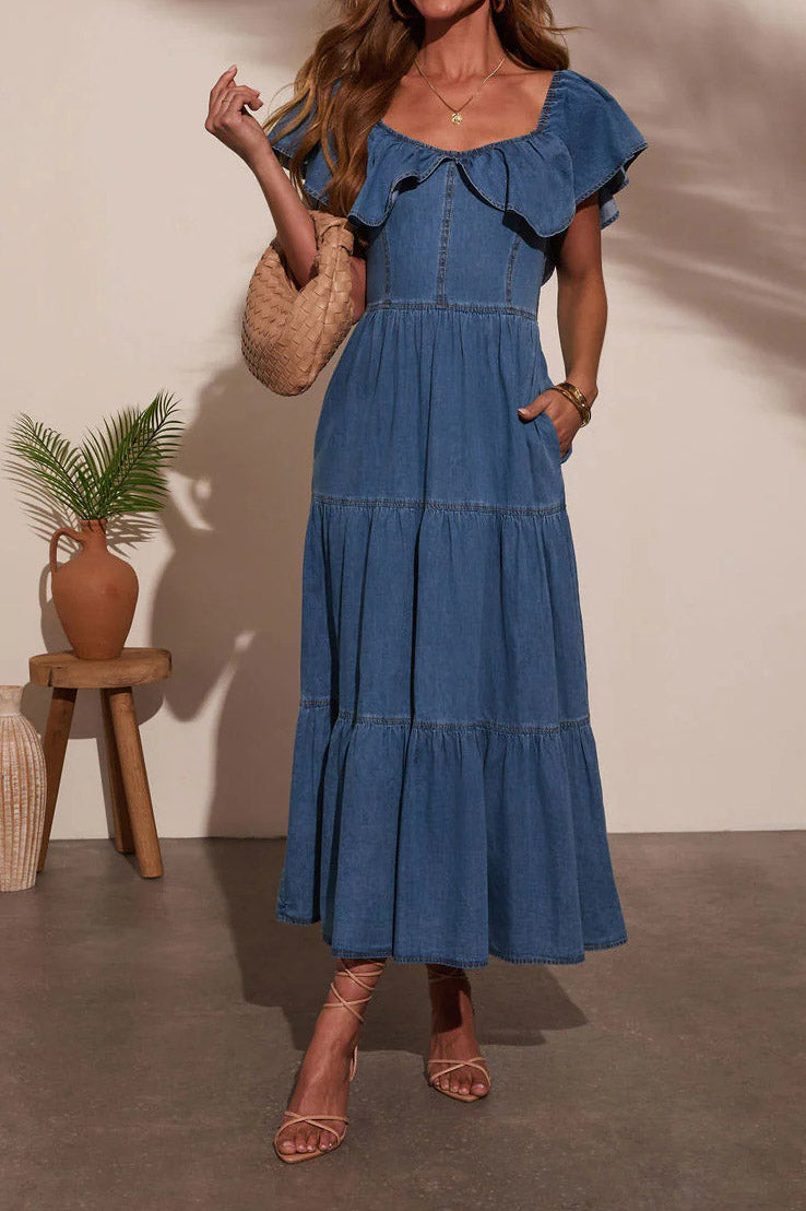 Off Shoulder Ruffle Tiered Denim Dress