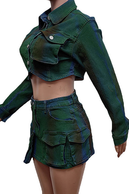 Cropped Denim Jacket and Cargo Skirt Set