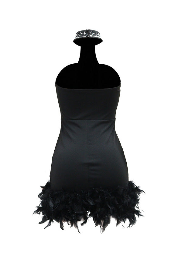 Rhinestone Halter Feather Trim Mini Dress