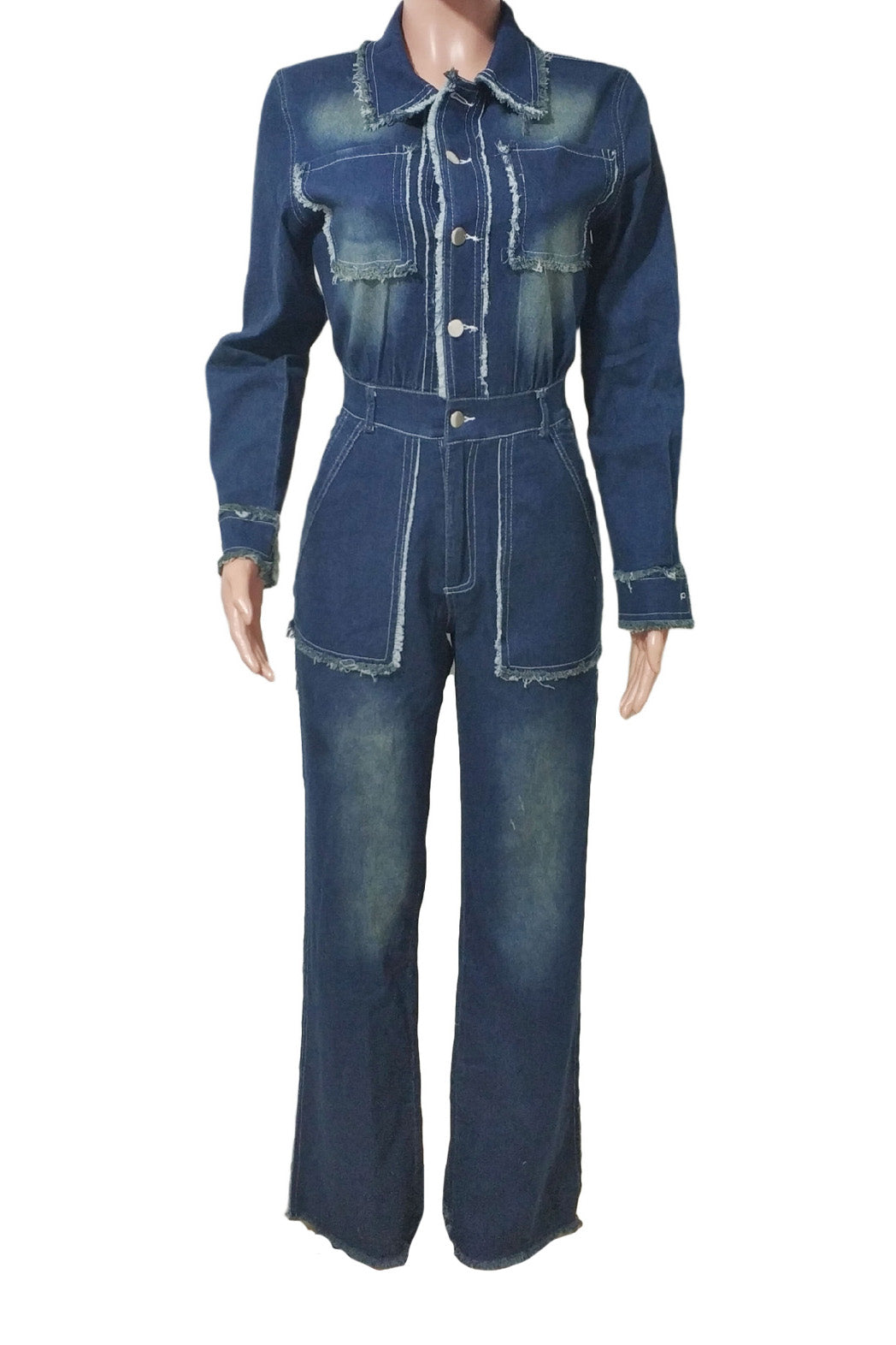 Raw-Edge Long Sleeve Stretch Denim Jumpsuit