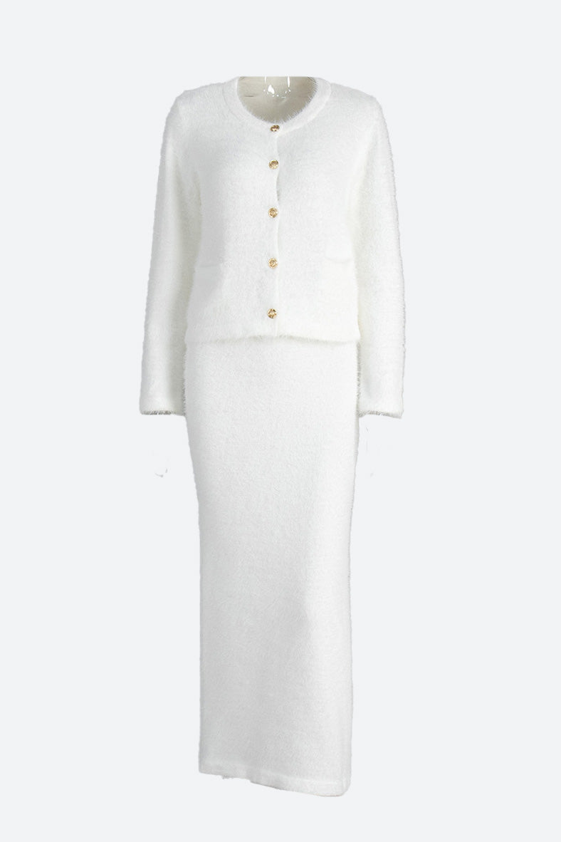 Fuzzy Long Sleeve Button Cardigan and Skirt Set