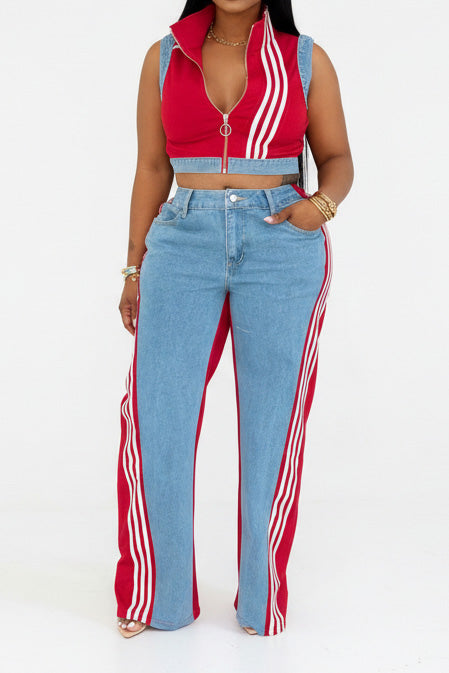 Sporty Striped Denim Crop Vest & Jeans Set