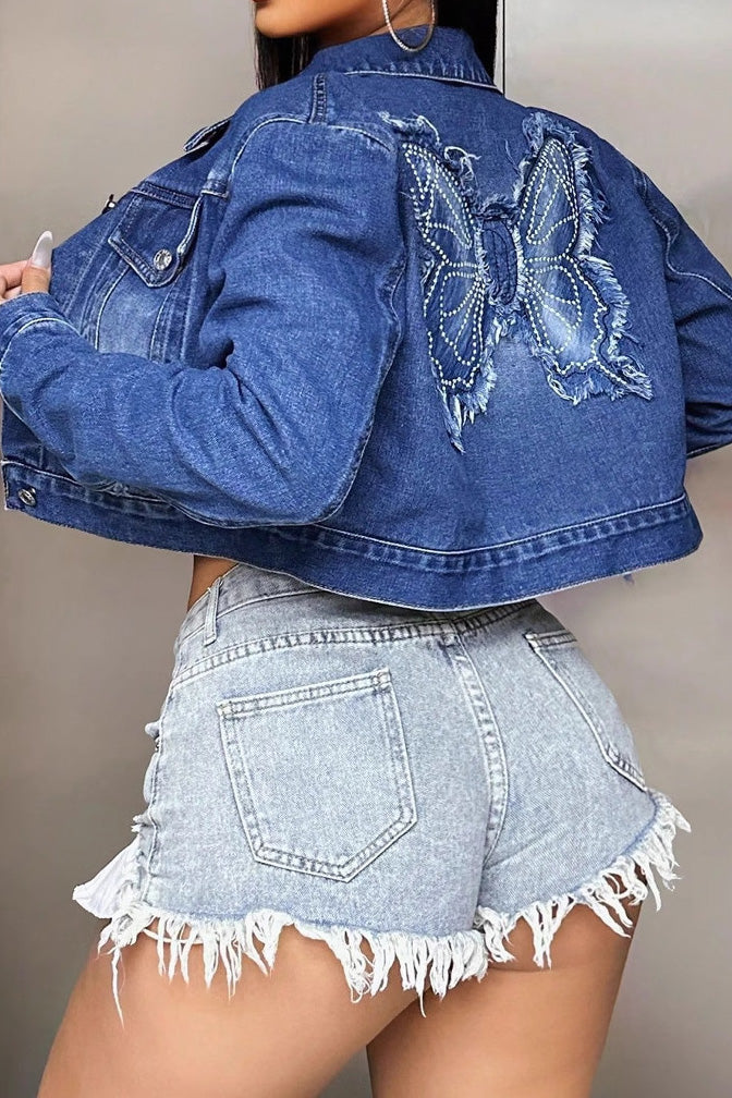 Butterfly Embroidered Crop Denim Jacket