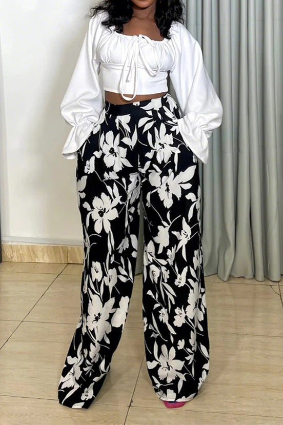 Long Sleeve Top and Printed Wide Leg Pants Set