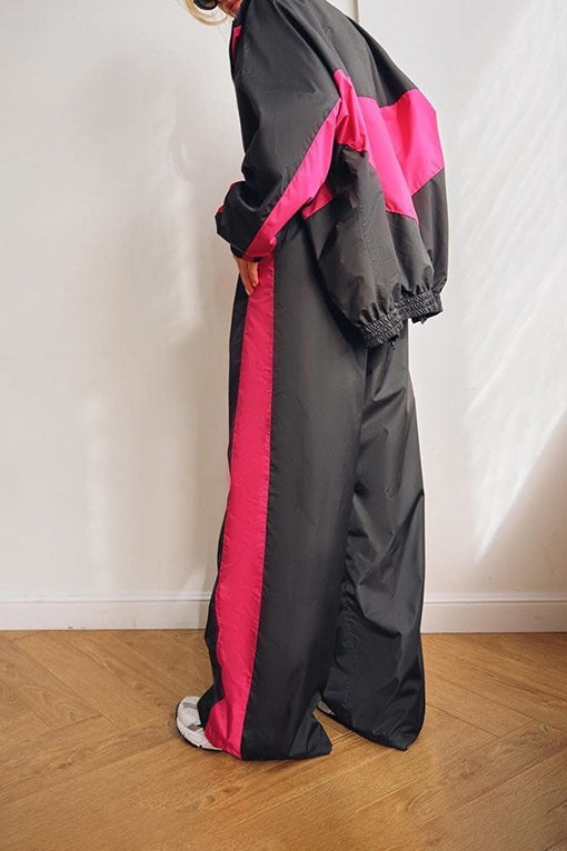 Contrast-Panel Zip Jacket & Wide-Leg Pants Set