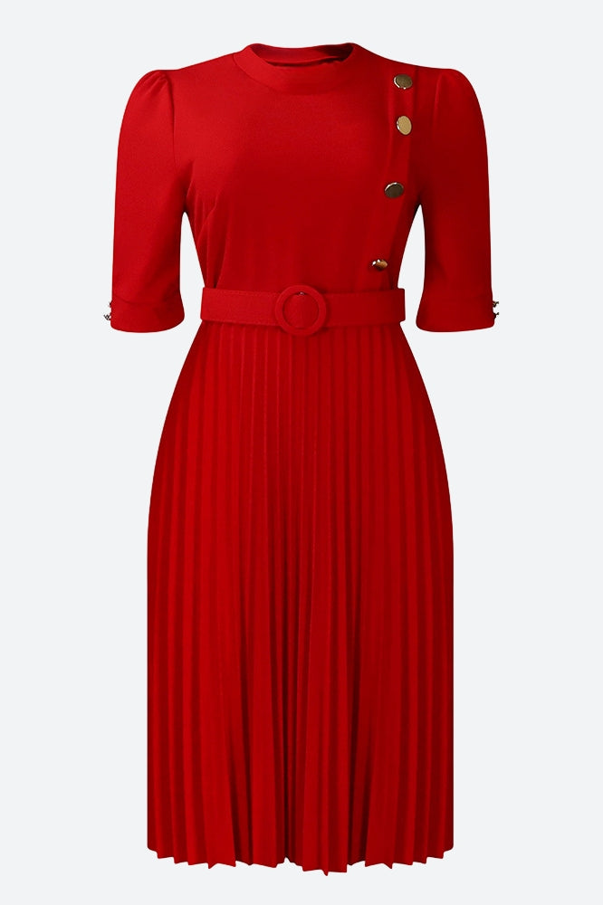 Elegant Half Sleeve O-Neck Solid Midi Dress