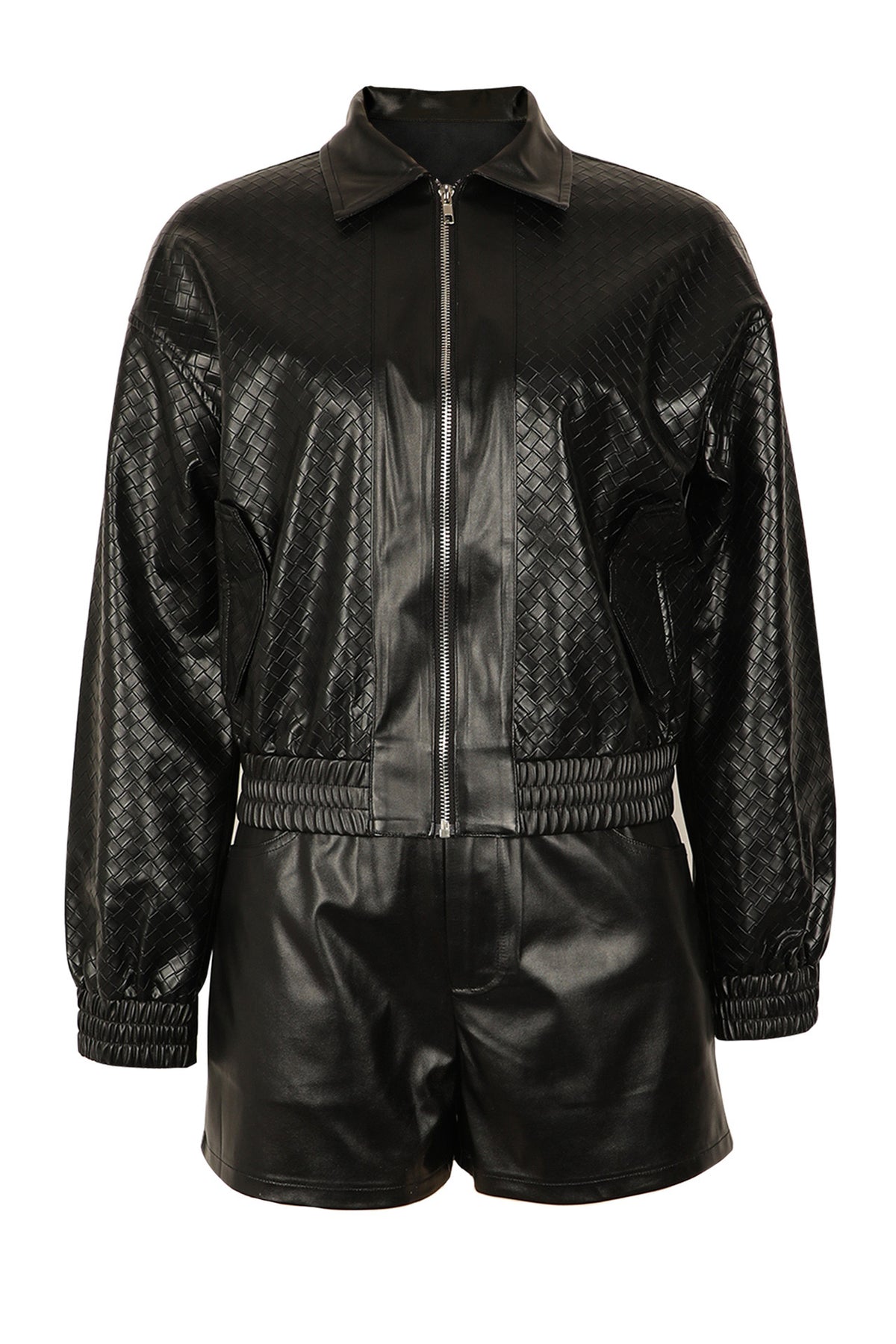 Woven Faux Leather Bomber Shorts Set