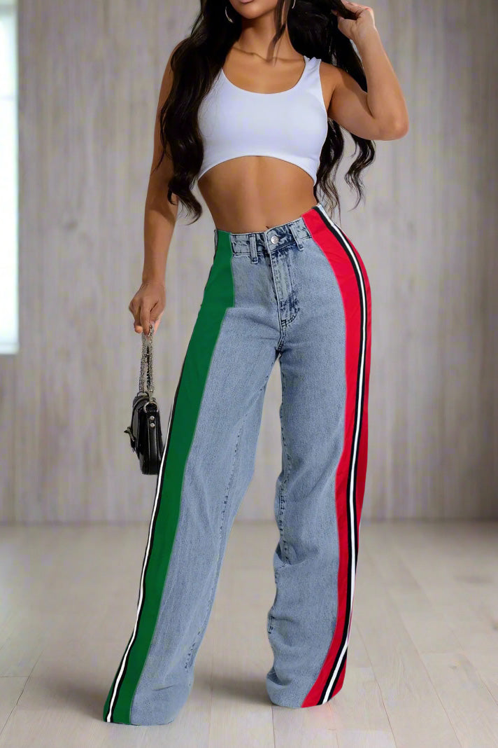 Wide Jeans with Wide Contrast Side Lines-Light Blue