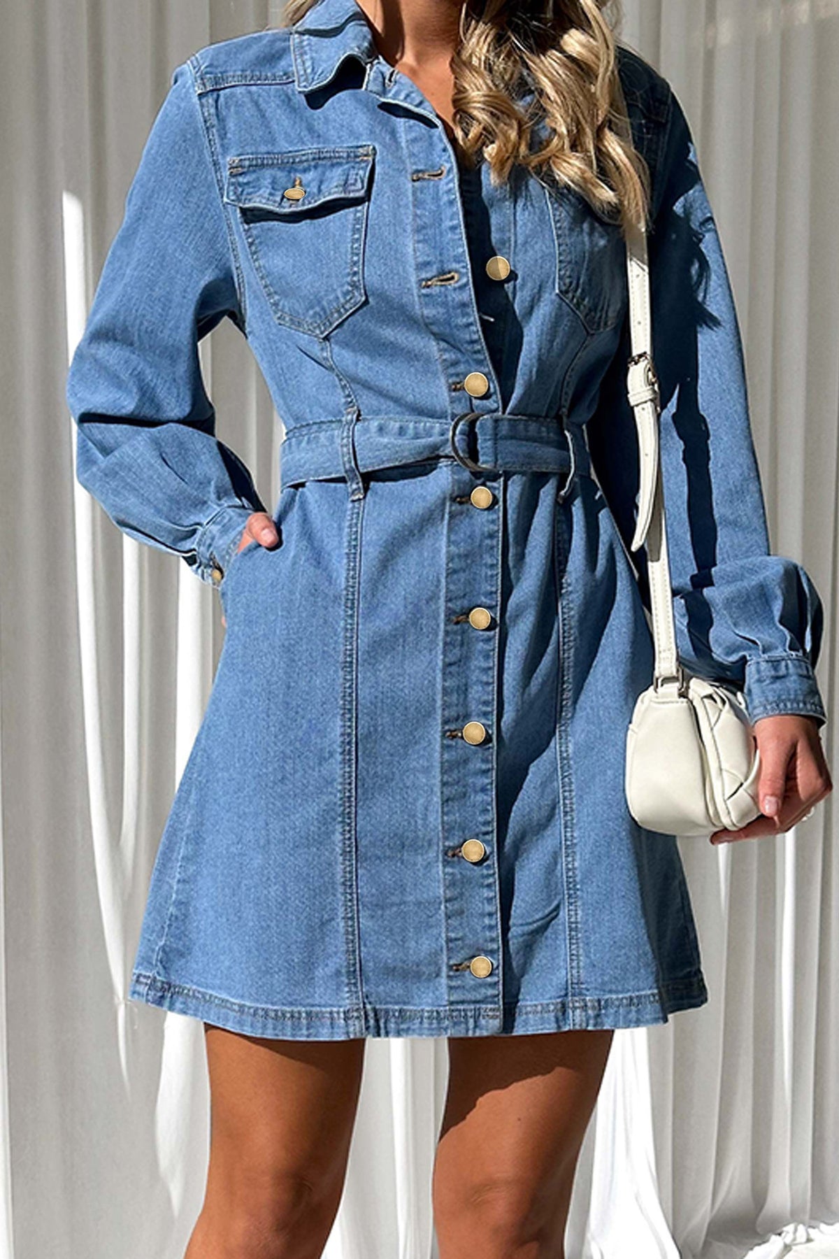 Belted Button-Down Denim Mini Shirt Dress
