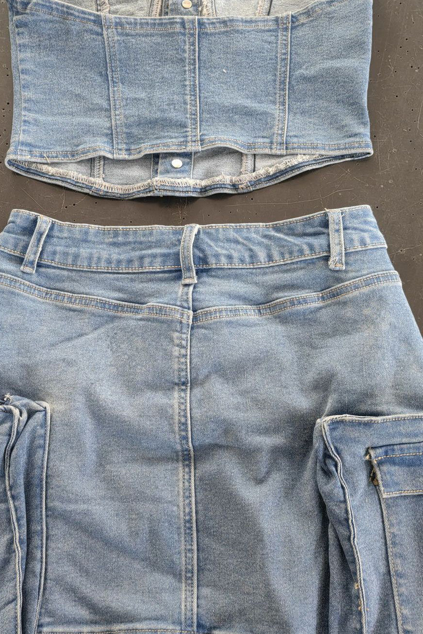 Denim Cargo Skirt Set