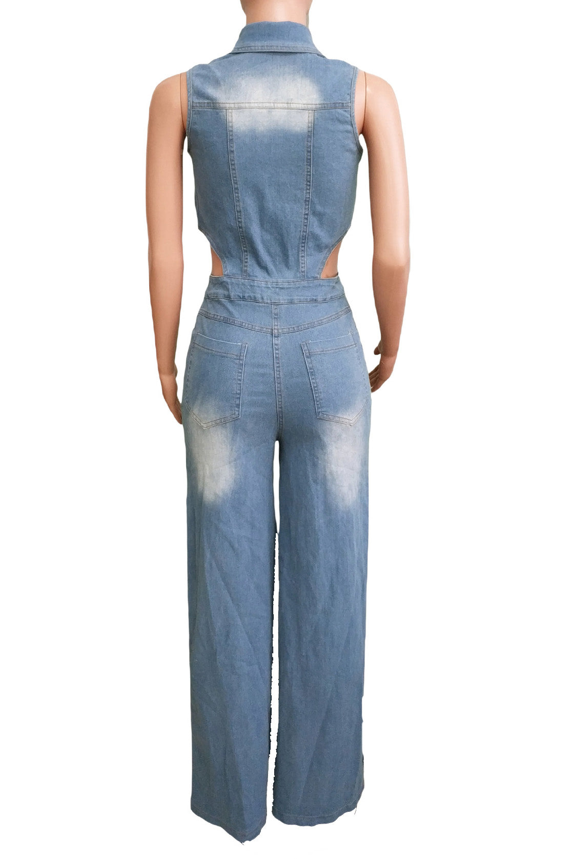 Sleeveless Cut Out Wide Leg Slit Denim Jumpsuit