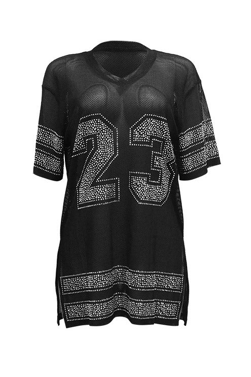 Rhinestone 23 Sheer Mesh Jersey Tunic