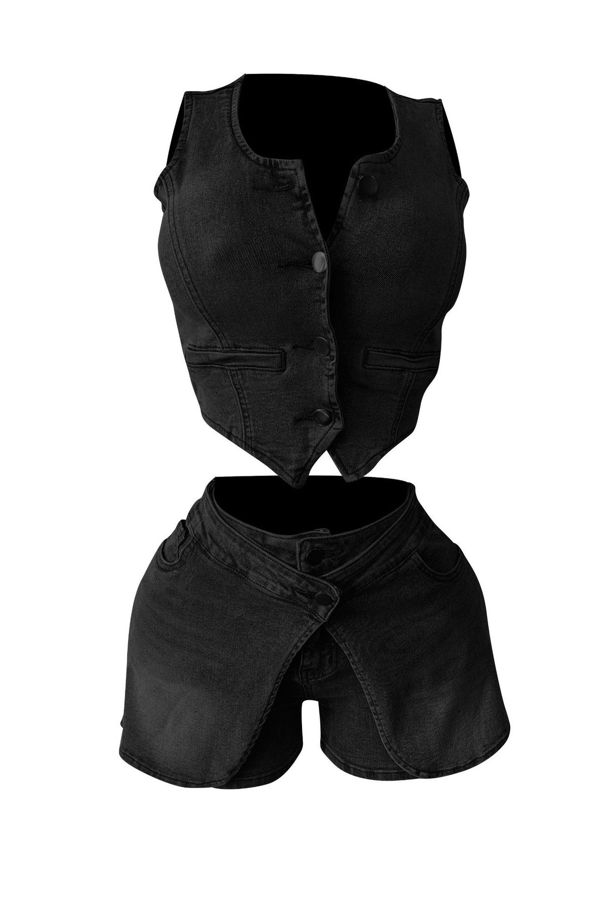 Stretch Denim Apron Shorts Set - Vest & Shorts