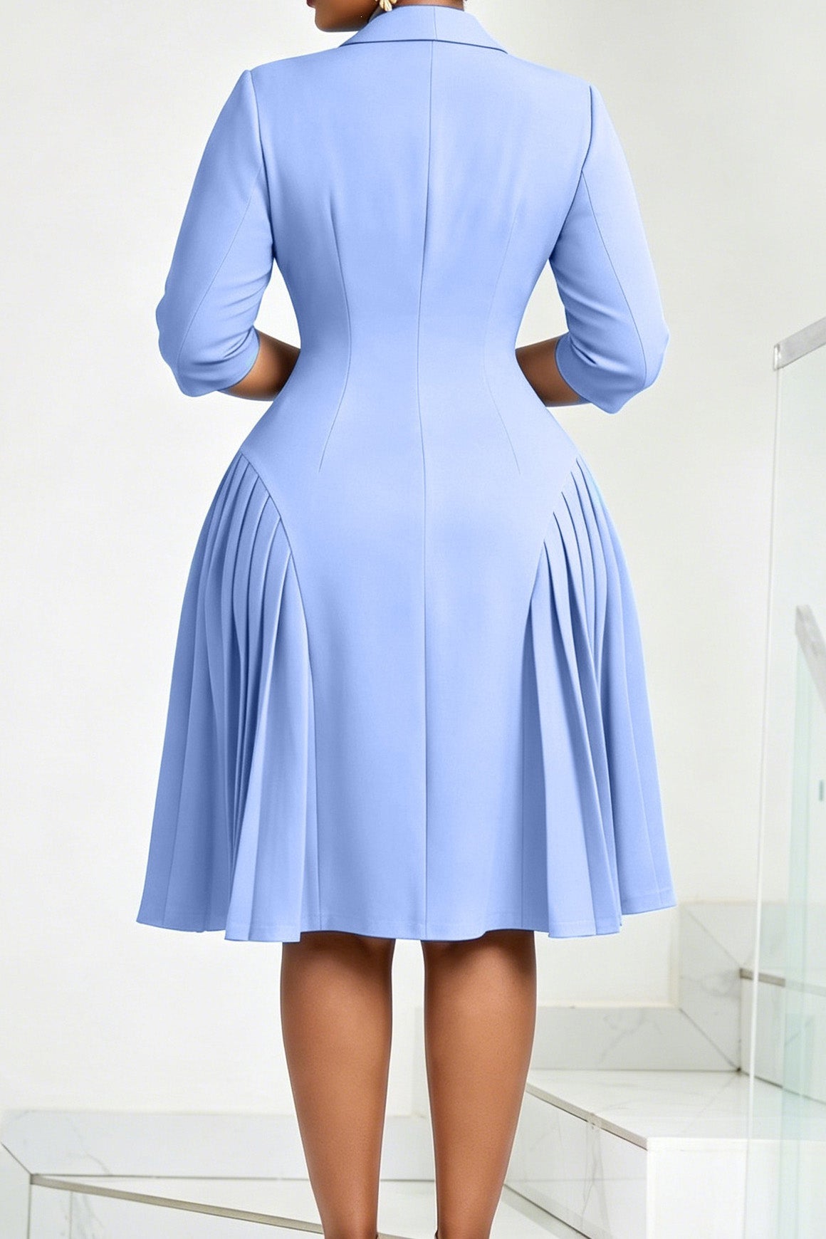 Pleated Button Front Blazer Midi Dress