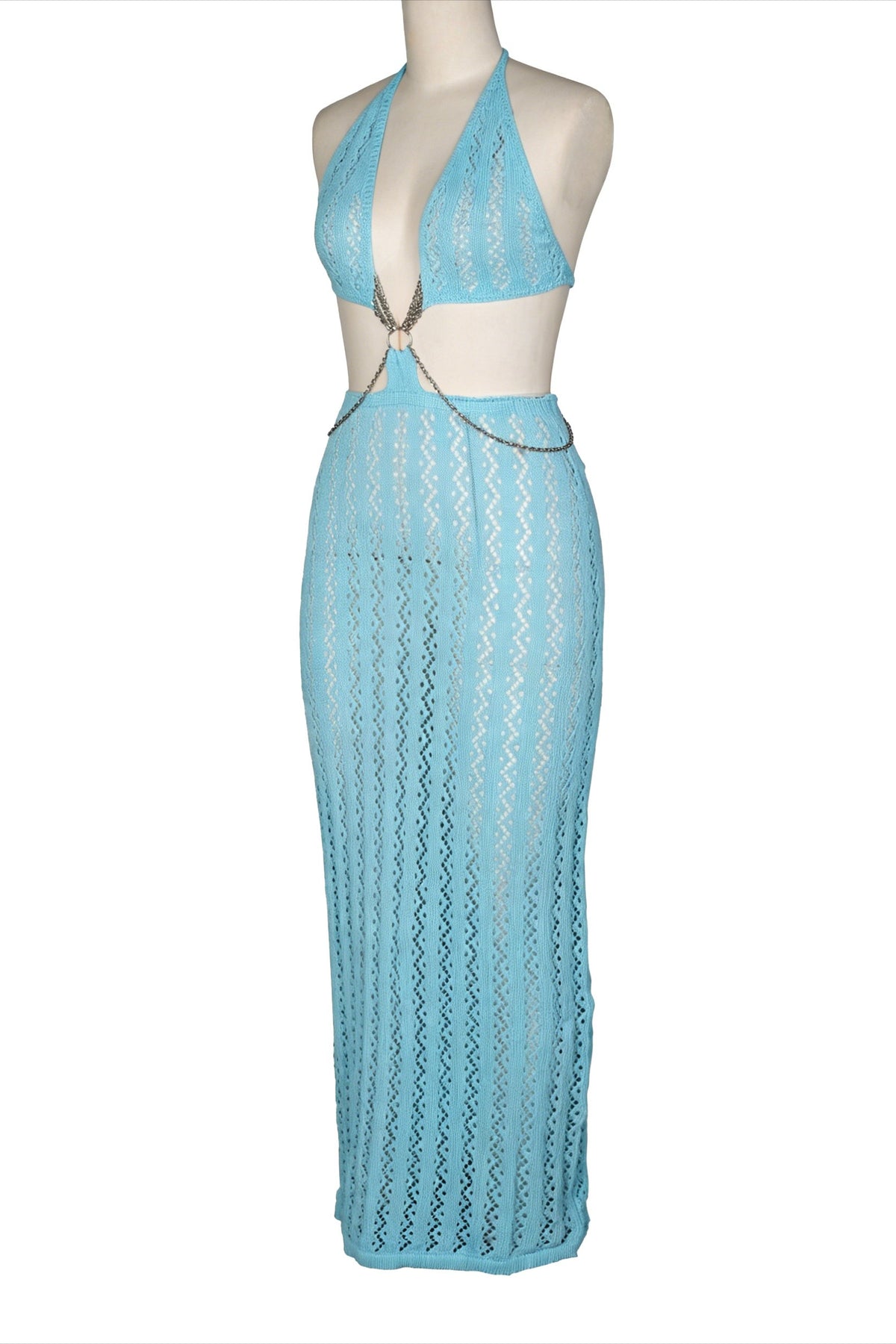 Chain-Linked Cutout Halter Crochet Maxi Dress