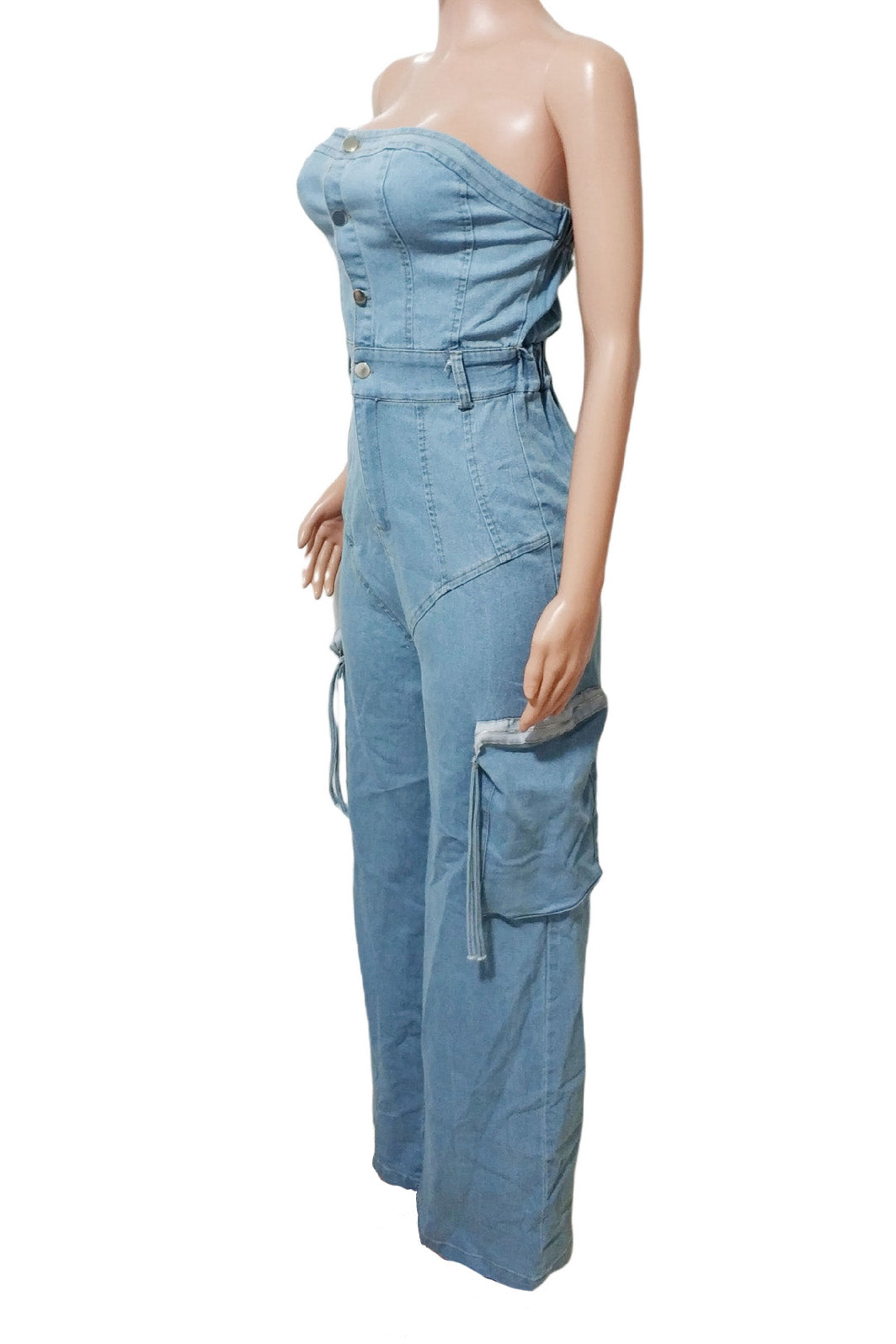 Slim Fit Strapless Denim Jumpsuit
