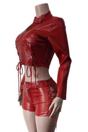 Lace-Up Faux Leather Jacket & Shorts Set