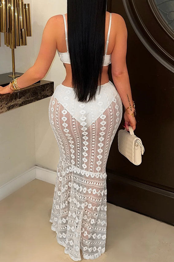 Strapless V-Neck Lace Sheer Bodycon Dress