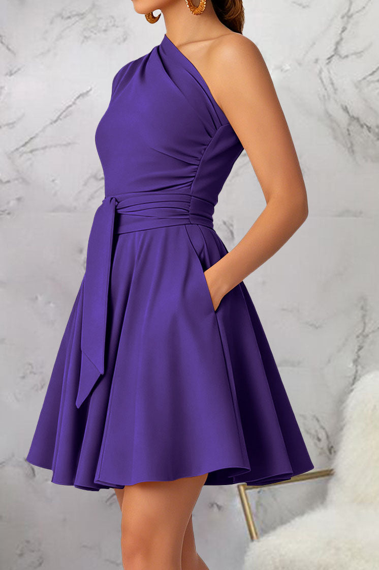 One-Shoulder Tie-Waist Pleated Mini Dress