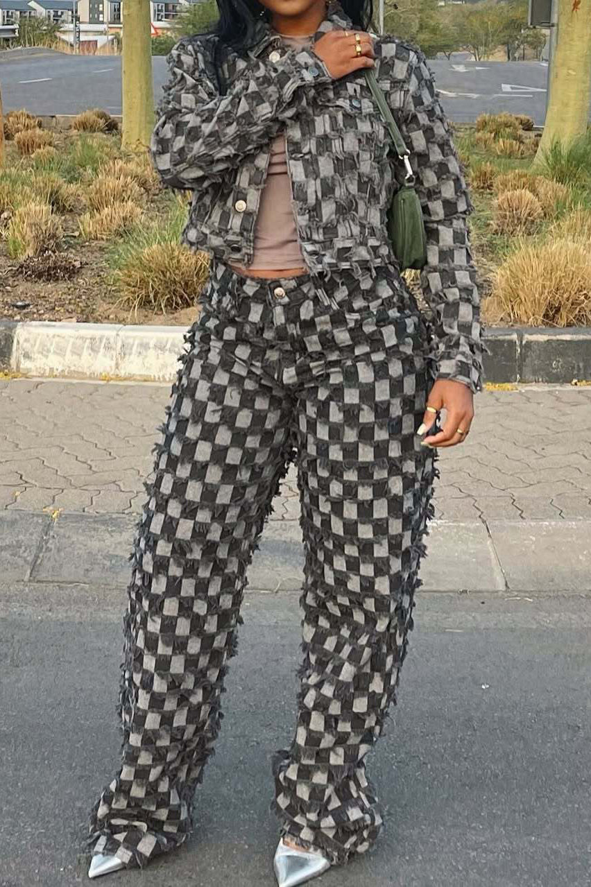 Checkered Denim Jacket & Pants Set
