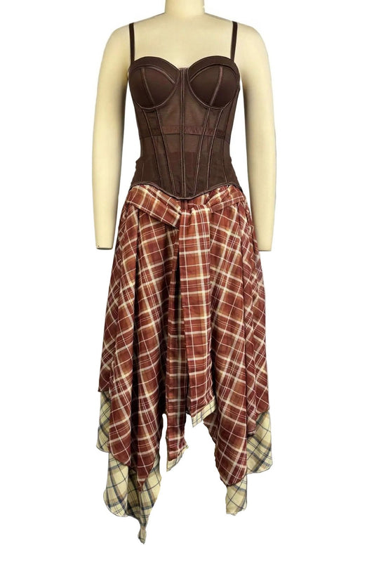 2-Piece Corset & Asymmetrical Plaid Skirt Set