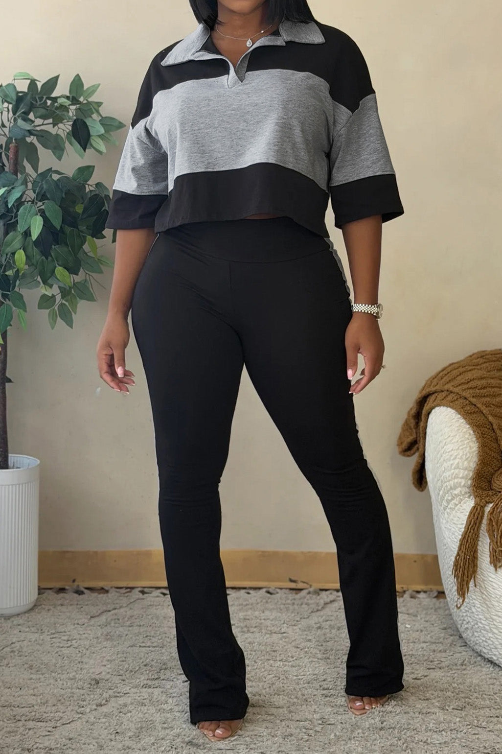 Collared Top & Flare Pants Two-Piece Set