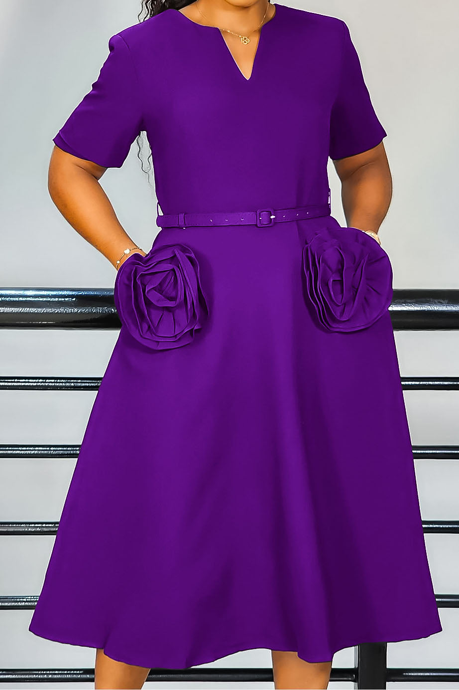 V-Neck Short Sleeve with 3D Floral A-Line Dress