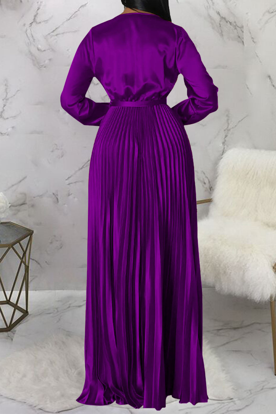Faux Silk Pleated Tie-Waist Maxi Dress