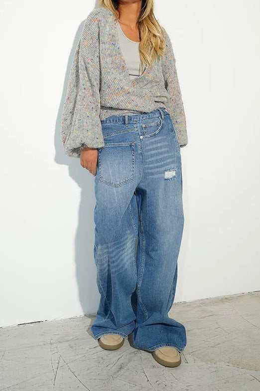 Distressed Patch Pocket Wide Leg Jeans