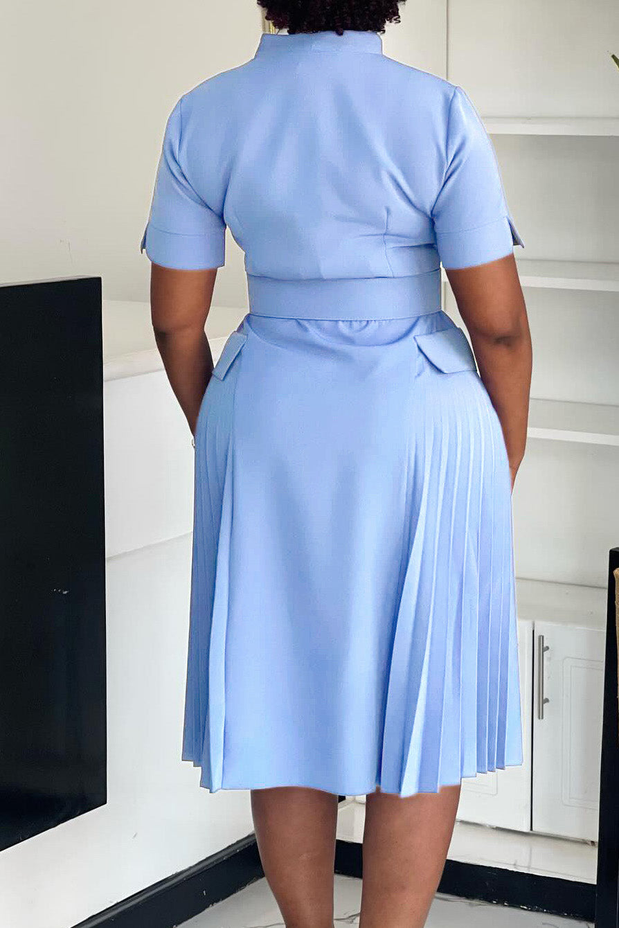 V-Neck Solid Color Plus Size Pleated Dress