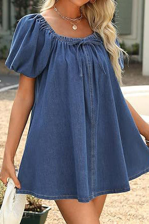 Bubble Sleeve Square Neck Denim Babydoll Dress