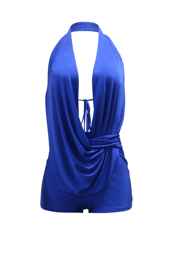 Draped Plunging Halter Backless Romper