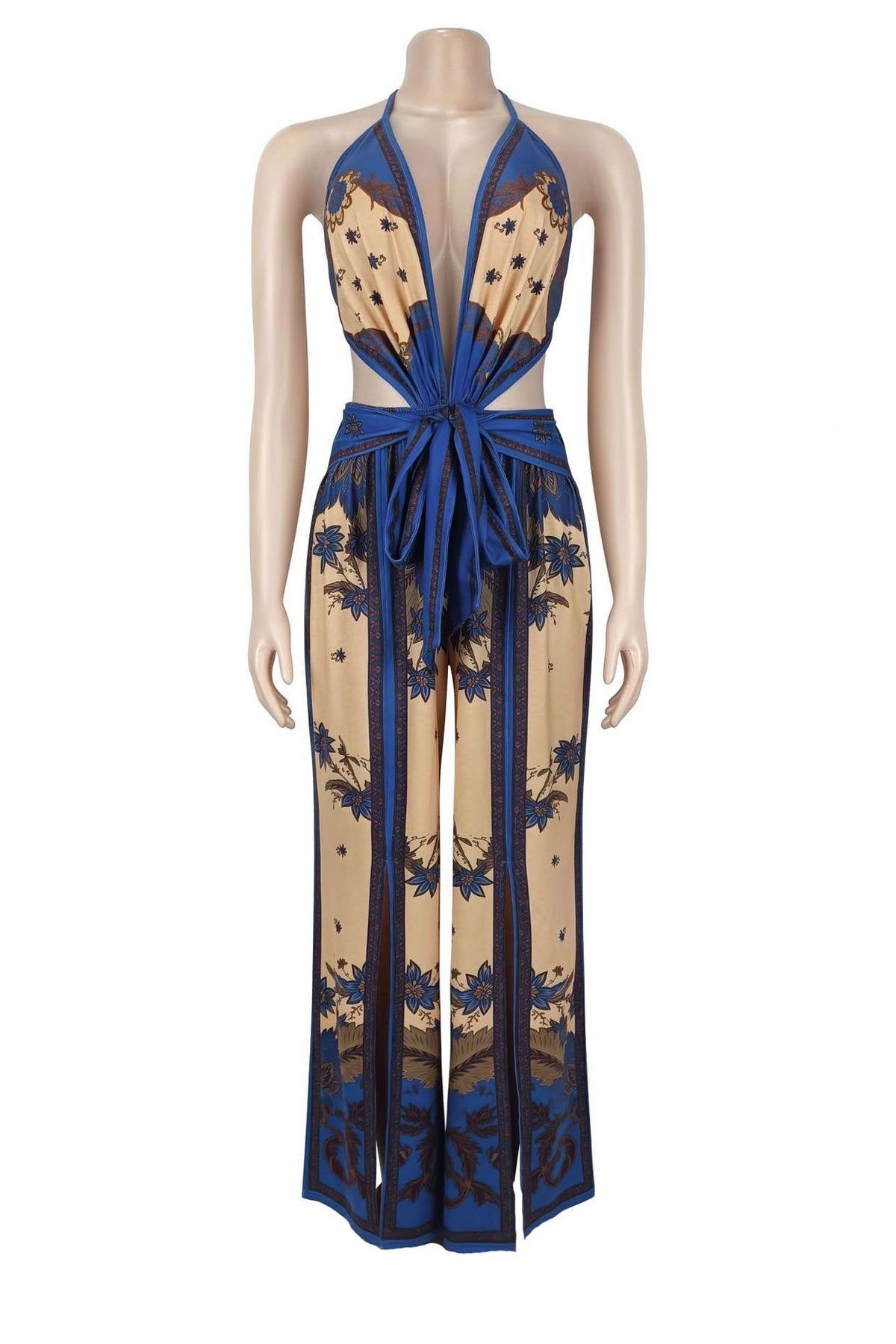 Ornate Print Halter Slit Wide Leg Jumpsuit