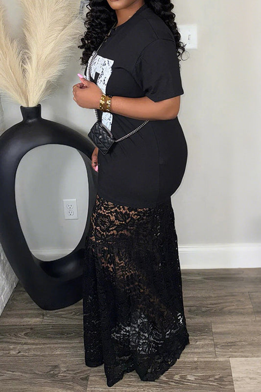 Round Neck Printed Lace Splice Maxi Dress