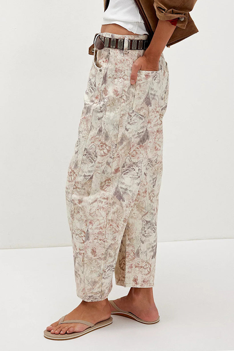 Vintage Cat Print Relaxed Barrel Leg Jeans