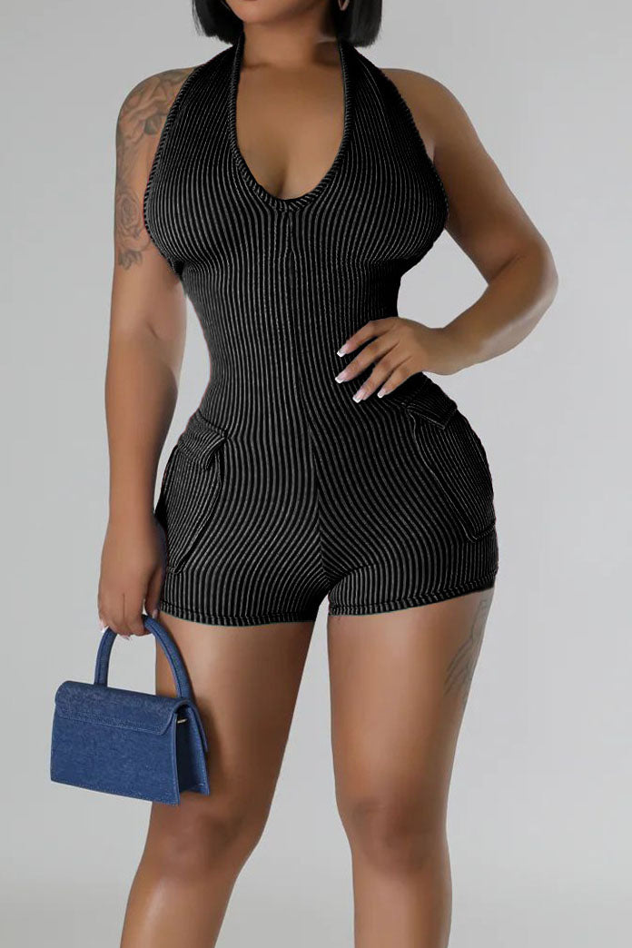 Halter Neck Pocket Slim-Fit Backless Rompers