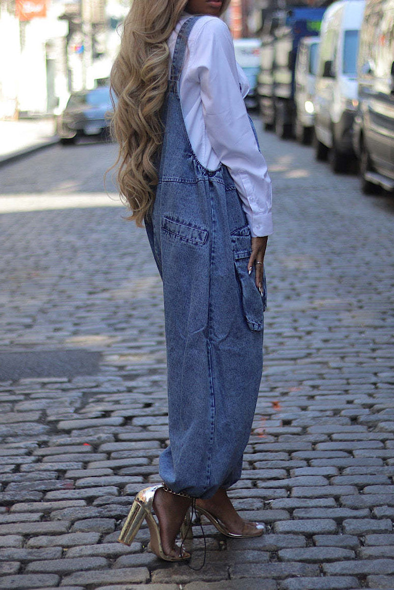 Denim Drawstring Wide Leg Overall Jumpsuit