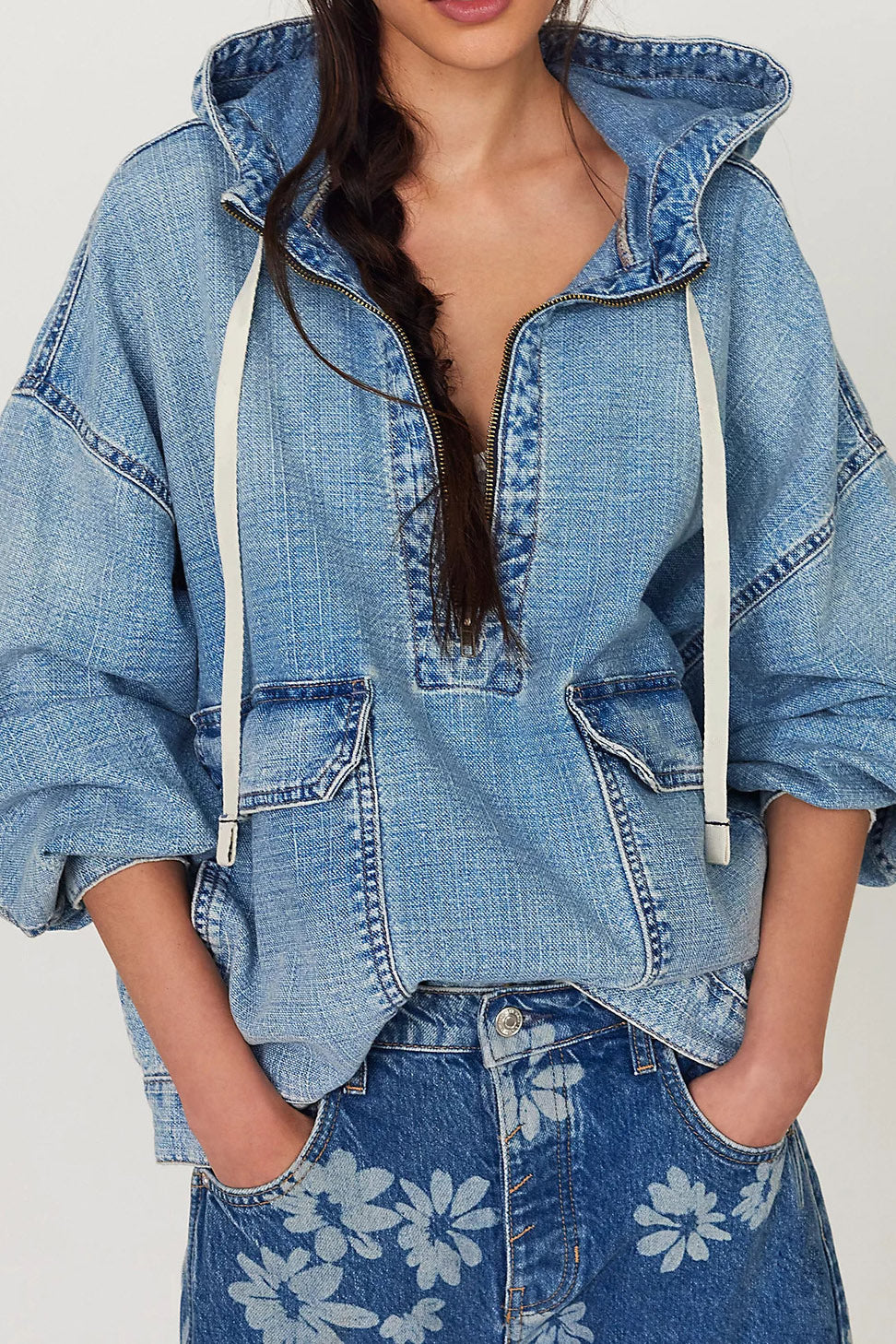 Half Zip Denim Hoodie Pullover Jacket