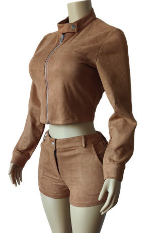 Long Sleeve Stretch Suede Shorts Set